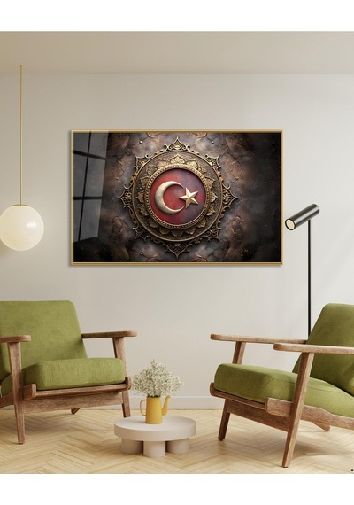 Modern Türk Bayrağı Cam Tablo Ev Ofis Makam Odası Büyük Boy Duvar Dekoru