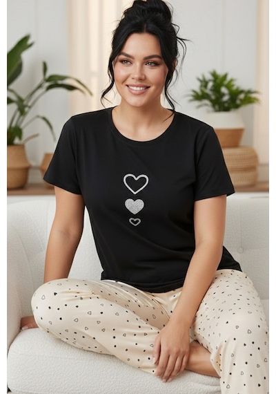Siyah İnci Desenli Pamuklu Büyük Beden Battal Boy Örme Pijama Takım 26113876 Siyah Siyah İnci Desenli Pamuklu Büyük Beden Battal Boy Örme Pijama Takım 26113876 Siyah