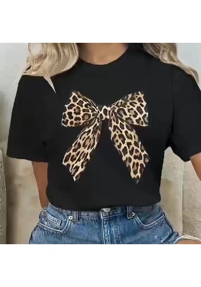 Kadın Leopar Desenli Fiyonklu Baskılı T-shirt Kısa Kol Bisiklet Yaka Oversize Tişört - Siyah Çok Renkli