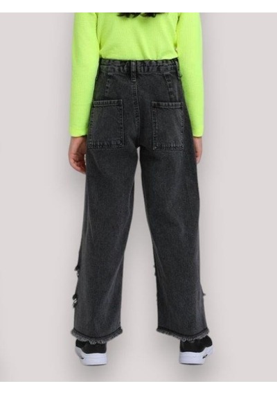 Escabel Kız Çocuk Yüksek Bel Bol Paça Yırtık Detaylı Mom Jean-13660-füme Füme