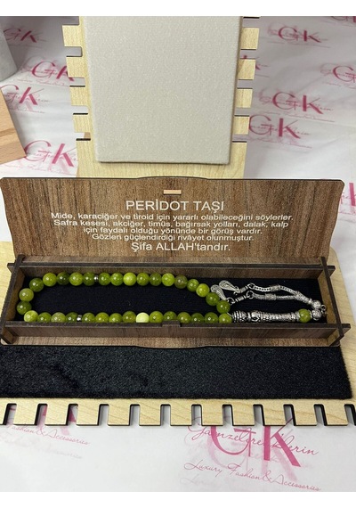 Peridot Taşı Tesbih -doğal Taş -özel Ahşap Kutusunda -yeşil