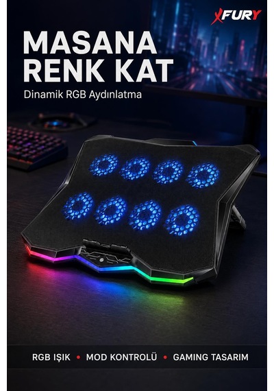 Fury E-sport Rgb Laptop Soğutucu 8 Fanlı Ayarlanabilir Standlı Notebook Soğutucu
