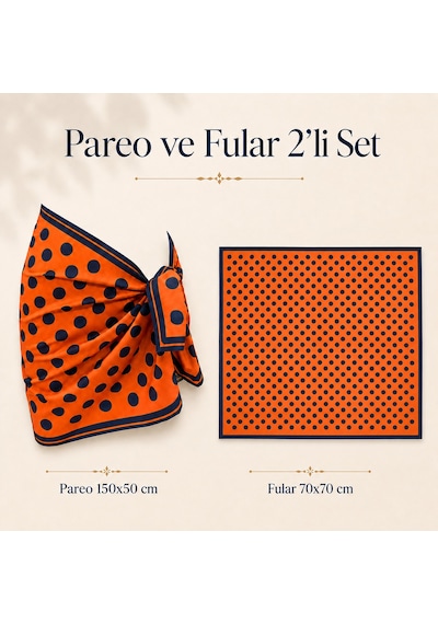 Tarzını Seç Premium Turuncu Siyah Puantiye Desenli 2 Li Kısa Pareo Ve Bandana Seti 150x50 Cm / 70x70 Cm