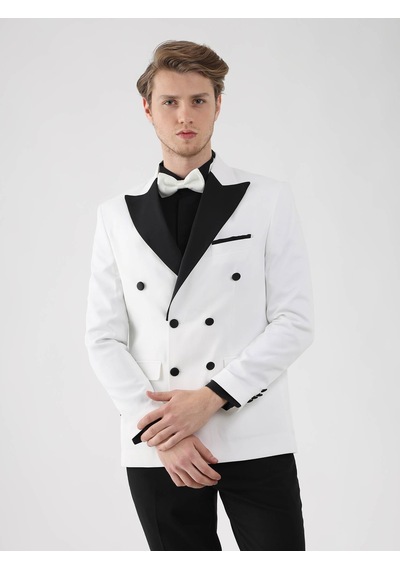 Dufy Ekru-Siyah Erkek Slim Fit Sivri Yaka Smokin Takım - 92441 Ekru - Siyah Dufy Ekru-Siyah Erkek Slim Fit Sivri Yaka Smokin Takım - 92441 Ekru - Siyah