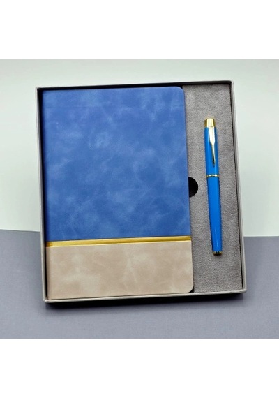 Hubrendy Emin Gold Şeritli Mavi Defter Ve Kalem Seti