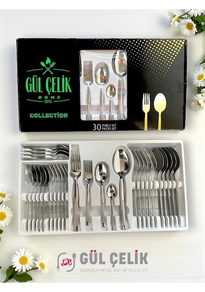 30 Parça 6 Kişilik Çatal Kaşık Seti Hasır Model Kutulu Çelik