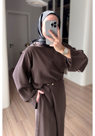 Ka Hijab Kruvaze Pantolonlu Salaş Takım - Kahverengi