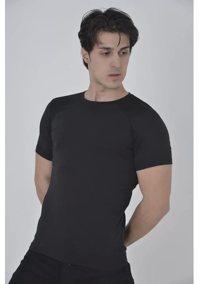Erkek Omuz Fileli Slim Fit T-shirt - Siyah Siyah