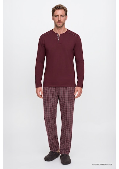 Ac&Co / Altınyıldız Classics Erkek Bordo %100 Pamuk Standart Fit Hakim Yaka Desenli Cepli Pijama Takımı