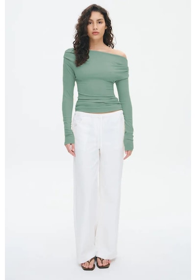 Madmext Haki Kadın Off Shoulder Uzun Kollu Bluz Mg2567 Haki