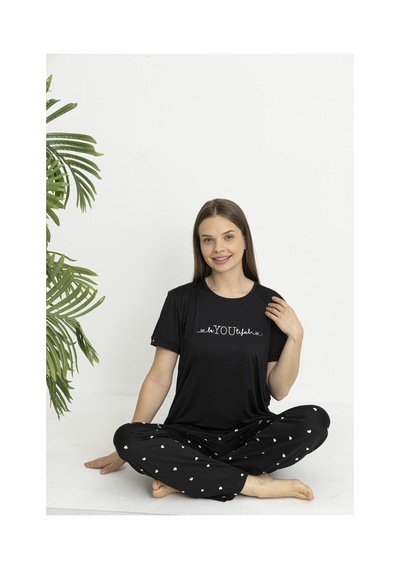 Estiva Kadın Kalp Alt Desenli Kısa Kollu Soft Pijama Takımı Siyah