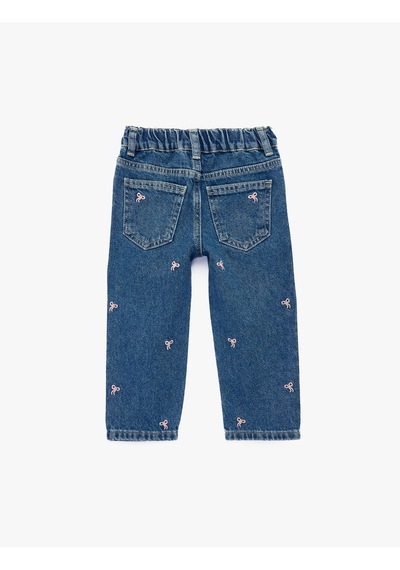Koton Pamuklu Fiyonk Nakış Detaylı Denim Pantolon Orta İndigo 7wmg40001ad