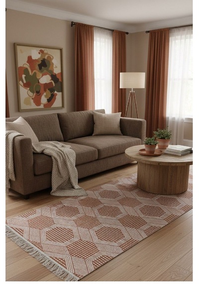 Kiremit Modern Desenli Kilim - Makinede Yıkanabilir Renkli