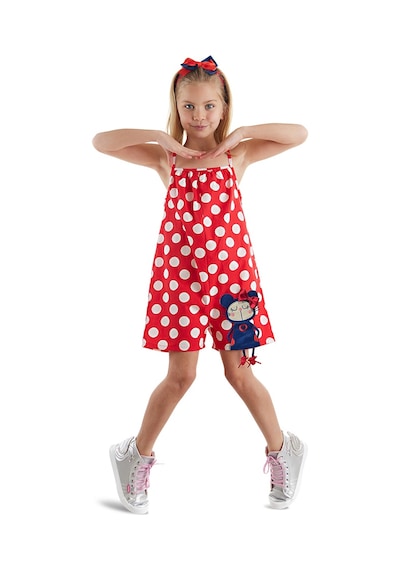 Denokids Kırmızı Puantiye Kız Çocuk Dokuma Tulum Çok Renkli