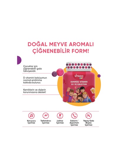 Vitago Kids Gummies Vitamin D3 Kalsiyum İçeren Takviye Edici Gıda 60 Kapsül