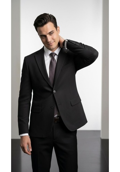 Plus Scorpion Ck 142 Slim Fit Mikro Desenli Erkek Ceket Yazlık Pike Kumaş Çift Yırtmaç Blazer Siyah
