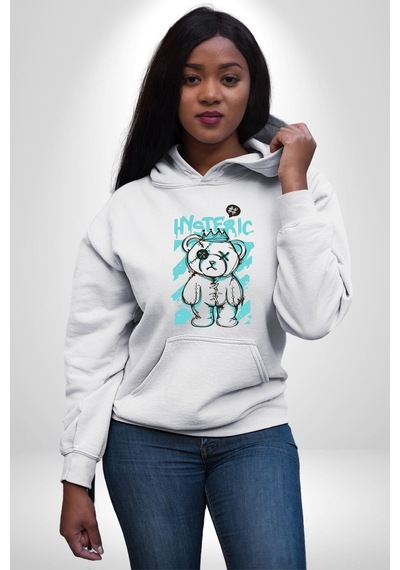 Histerik Kadın Erkek Beyaz Kapüşonlu Sweatshirt Hoodie Beyaz