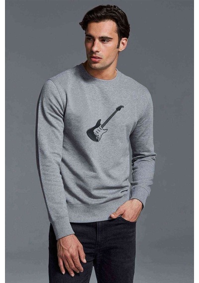 Gitar Baskılı Gri Melanj Erkek Örme Sweatshirt