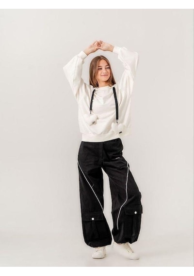 Zekids Kız Çocuk Mevsimlik Paçası Cepli Gabardin Pantolon-14767 Siyah
