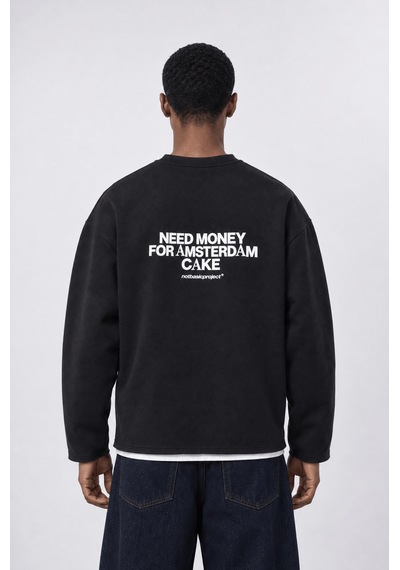 Respire Erkek Cake Baskılı Pis Dikiş Detaylı Oversize Sweatshirt Siyah