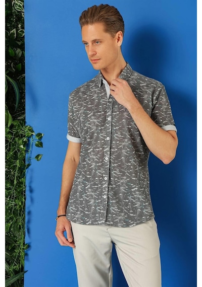 Efor Slim Fit Düğmeli Yaka Desenli Kısa Kol Pamuk Füme Gömlek G 1499 Füme