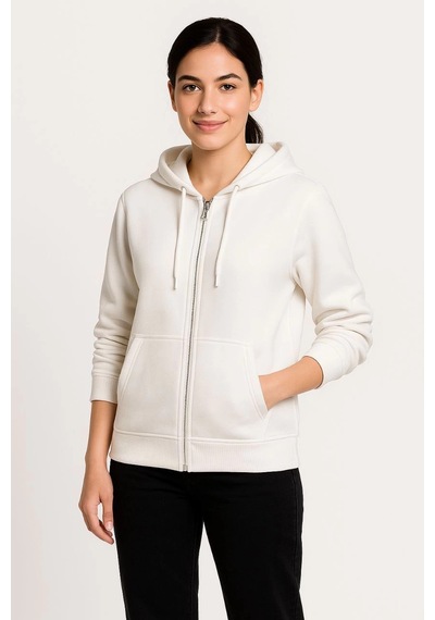 Novalisse Kadın 3 İplik Kapüşonlu Tam Fermuarlı Kanguru Cepli Sweatshirt Hoodie - Beyaz Çoklu Renk
