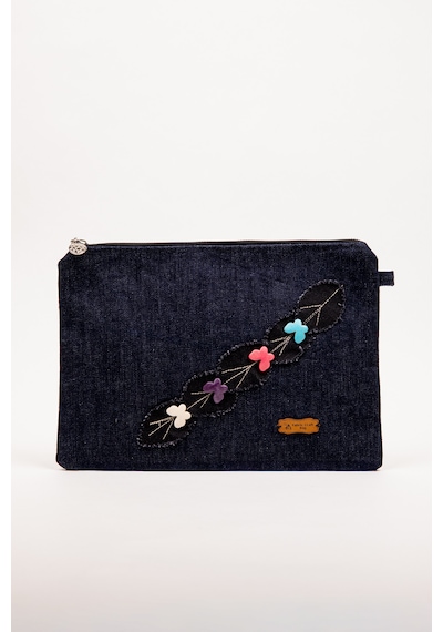 Fabric Craft Bag El Çantası Denim Kumaş Fermuarlı İçi Astarlı Nakış Detaylı 30 21 Cm Kot Lacivert
