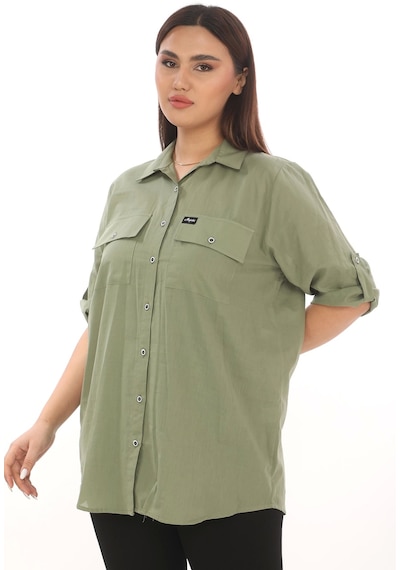 Lady Majestic %100 Cotton Büyük Beden Natural Gömlek - Haki
