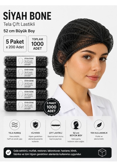 Siyah Bone Tela Çift Lastikli 52 Cm Büyük Boy 5 Adet X 200 Lü Paket Toplam 1000 Adet