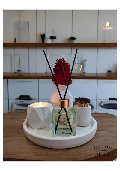 Dekoratif Mum Ve Vazo Seti - Vazo+oda Kokusu+tealight Mumluk Ve Mum+kibritlik+yuvarlak Tepsili Beyaz