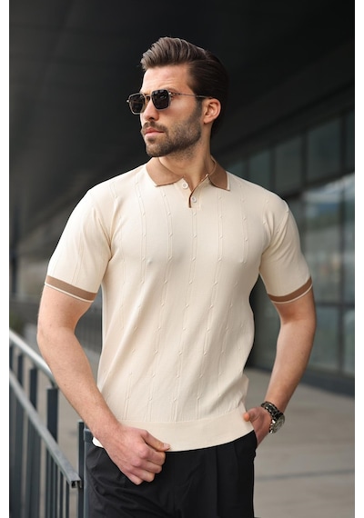 Madmext Taş Rengi Polo Yaka Triko Erkek Tişört E7470 Taş Rengi