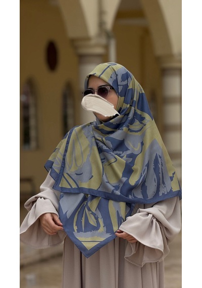 Qalortex Scarf Pamuklu Soft Âmine Desen Eşarp-limon/indigo