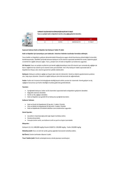 Supravet Calcium Kedi Ve Köpekler İçin Kalsiyum Vitamin Tablet 75 Adet