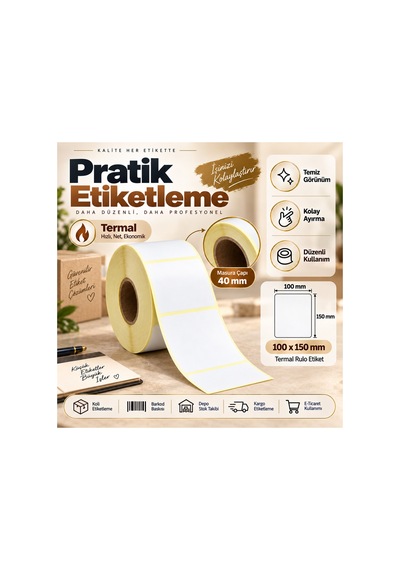 100x150 Mm Rulo Termal Ribonsuz Barkod Etiketi 40 Mm Masura 350'li Sarım