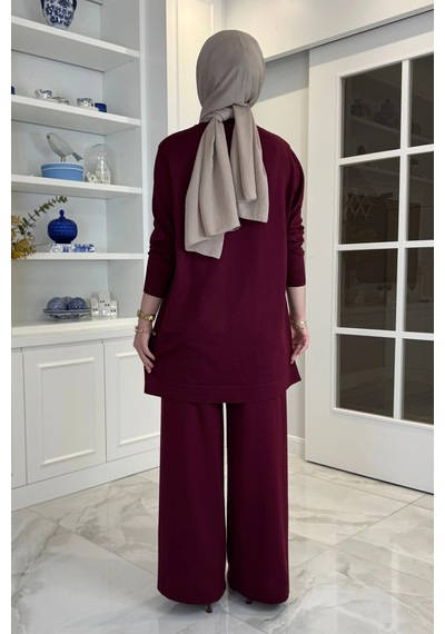 Rabia Şamlı Feryal Pantolonlu Triko Takım Bordo Normal