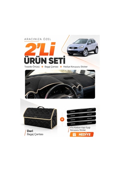 E-biz Nissan Qashqaı J10 2007-2014 Uyumlu Torpido Örtüsü + Deri Bagaj Çantası - Siyah-bej - Nı016