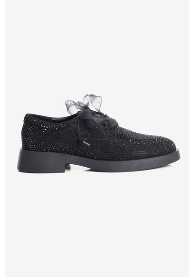 Mubiano Kadın Süet Loafer Oxford Taşlı Tül Bağcıklı Pera Siyah