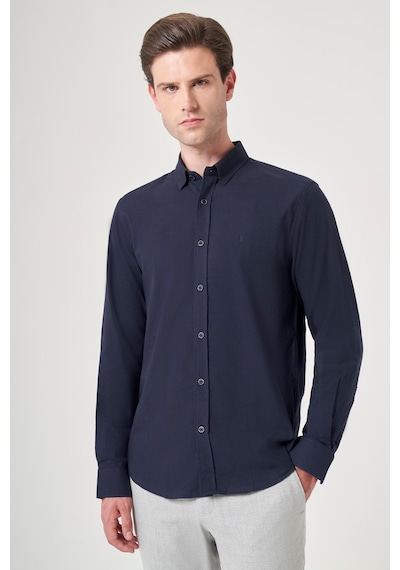 İmza Lacivert Biritli Yaka Uzun Kol Cepsiz Slim Fit Pamuklu Gömlek 1004260207