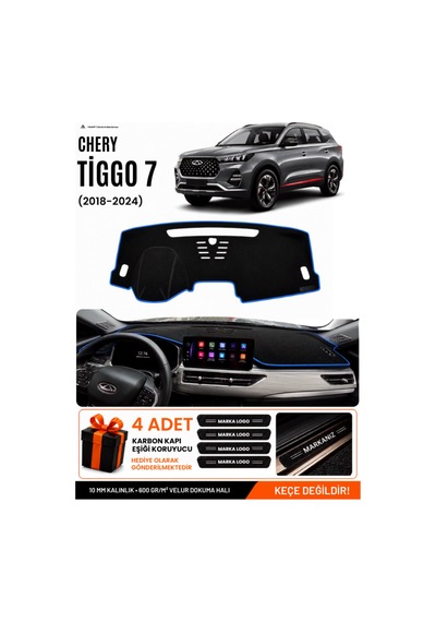 Chery Tiggo 7 2018-2024 Uyumlu Torpido Koruma, Torpido Örtüsü, Torpido Kılıfı - Siyah-mavi - Cy002