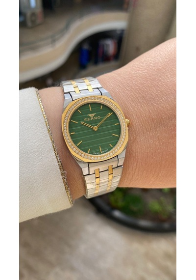 Ferro Quartz Çelik Altın/gri Yeşil Kadran 32 Mm Kelebek Kilit Kadın Kol Saati Gri