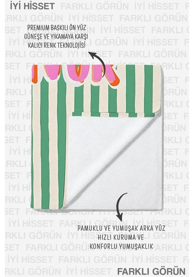 Çizgili Yazı Temalı Şık Plaj Havlusu - Modern Akdeniz Yeşil Pembe Hızlı Kuruyan Mikrofiber Havlu Dalgın Şakayık