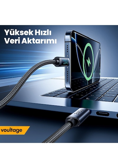 240w Type-c To Type-c Dijital Ekranlı Hızlı Şarj Kablosu 1m, Örgülü Akıllı Göstergeli Pd 3.1 480mbps Data Ve Veri Transfer Kablosu, Macbook, İphone 15/16, Android İle Uyumlu - Siyah