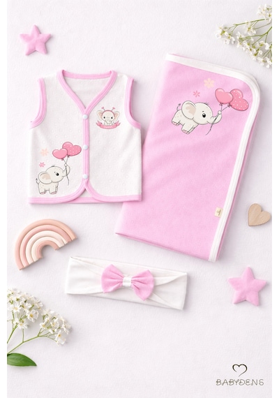 Babyden's Kız Bebek 3’lü Set Pamuklu Jakarlı Fil Baskılı Yelek ,Battaniye ,Saç Bandı 6-9 AY