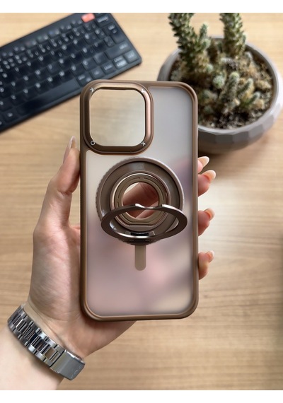 Apple Uyumlu iPhone 15 Pro Max Standlı Ve Yüzüklü Magsafe Kılıf Soocase721 Kahverengi