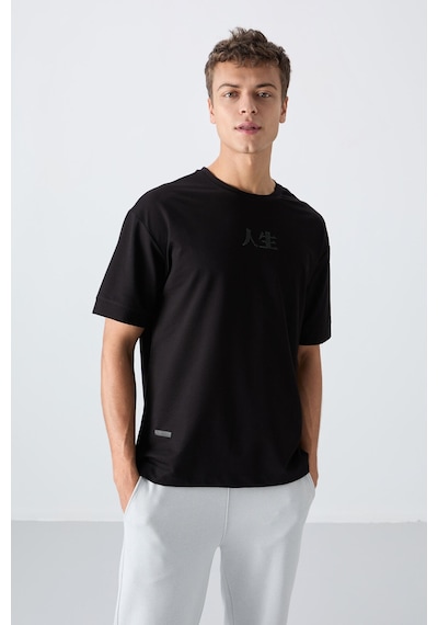 Tommy Life Siyah Pamuklu Kalın Yumuşak Dokulu Oversize Fit Baskılı Erkek T-shirt - 88342 Siyah
