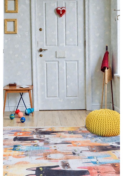 Renkli Kedi Desenli Kilim Çocuk & Oyun Odası Dekoratif Tasarım Çok Renkli Çok Renkli