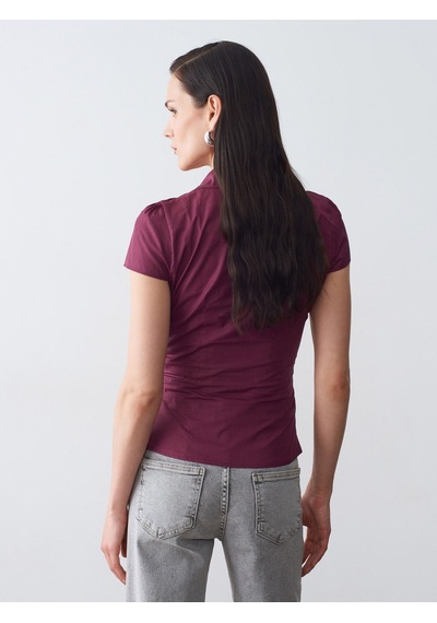 Dilvin 50546 %100 Pamuk Büzgülü Poplin Top-bordo