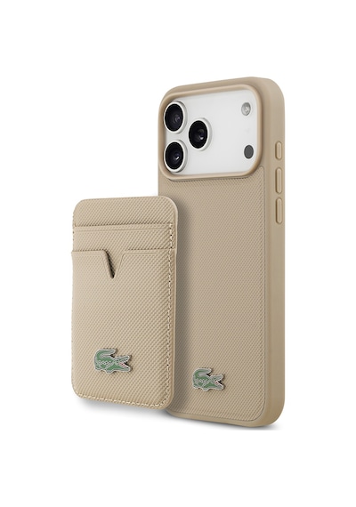 Apple Uyumlu iPhone 17 Pro Max Kılıf Lacoste Lisanslı M-safeli Pu Pike Desenli Metal Logo Kartlıklı Kapak Bej Bej