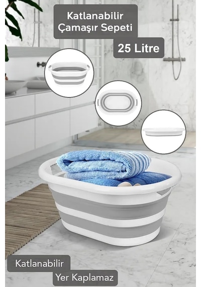 Katlanabilir Çamaşır Sepeti Katlanır Çamaşır Selesi Yeni Nesil Akordiyon Sele 54,5x39x25,5cm Gri