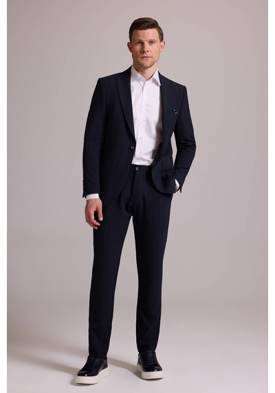 Erkek Lacivert Slim Fit Çizgili Tek Düğmeli Jogger Pantolonlu Tak